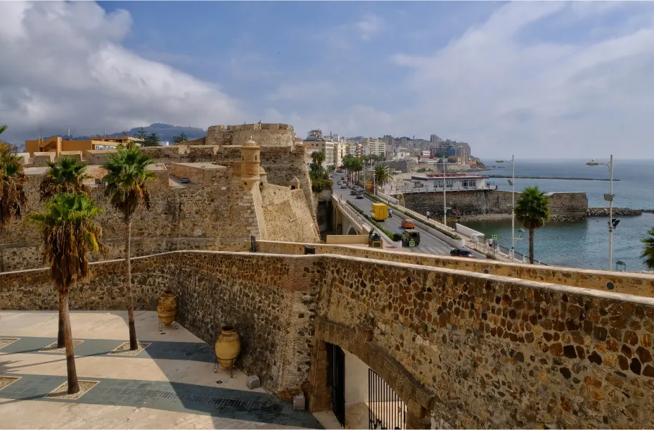 The royal walls of Ceuta with the city in the background