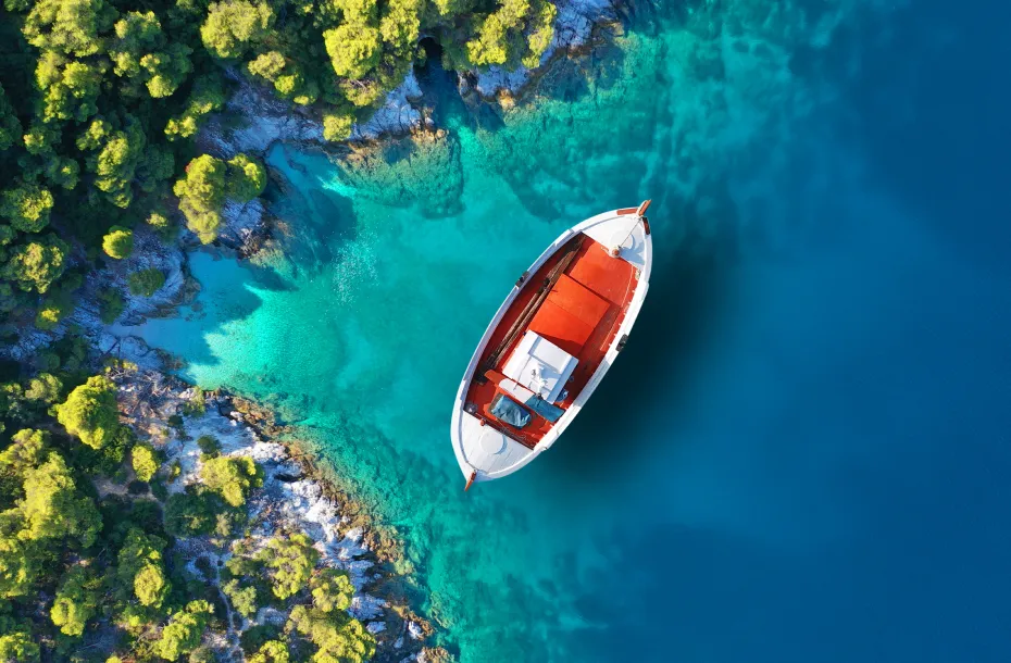 Aerial photo of a fishing boat in the Sporades Islands