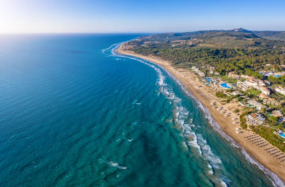 Aerial view to the beautiful Golden Coast at Kastro, Kyllini, Peloponnese