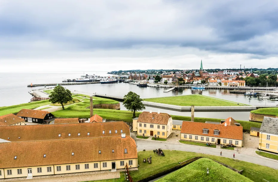 Beautiful view of Denamrk's port with the town in the background