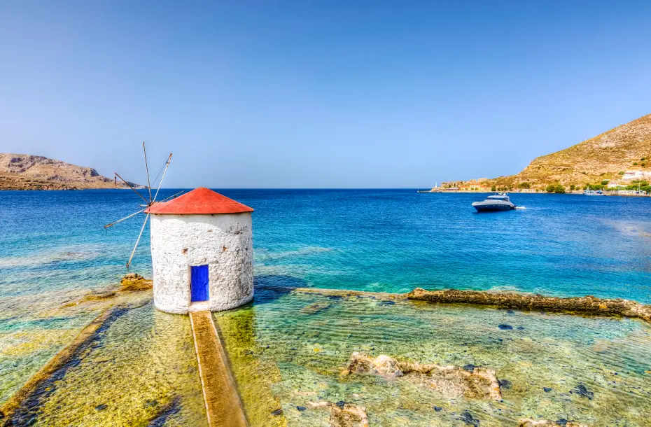 Windmill next to the sea in Agia Marina village, Leros