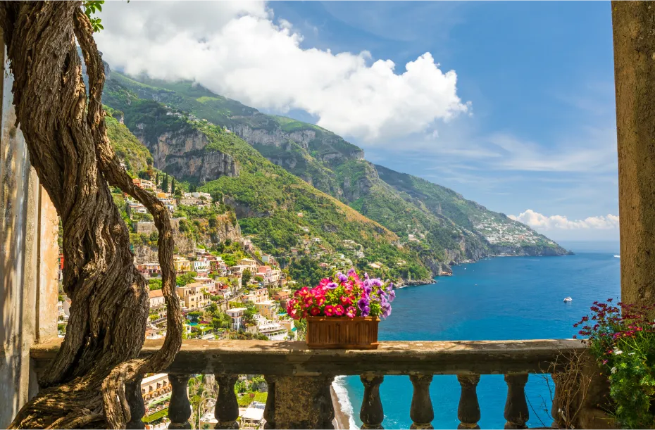 View of the town of Positano from a balcony above the sea