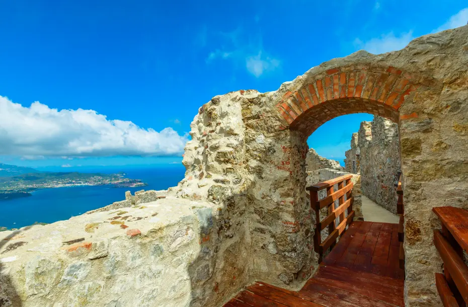View of the Tuscan Archipelago from fortified walls in Portoferraio, Elba