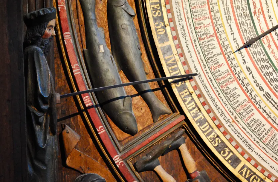 Closeup to St. Mary's Church clock in Rostock, Germany