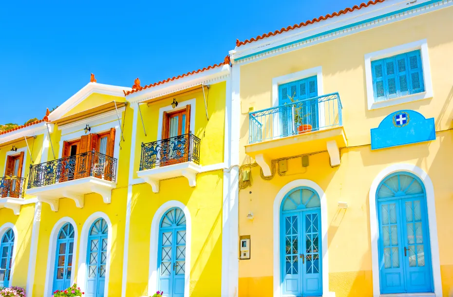 Traditional old yellow house In Poros of the Argosaronic Gulf