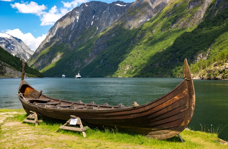 Old viking boat in a valley near Flam, Norway