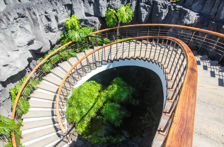 A spiral staircase in Lanzarote, leading to a botanical garden