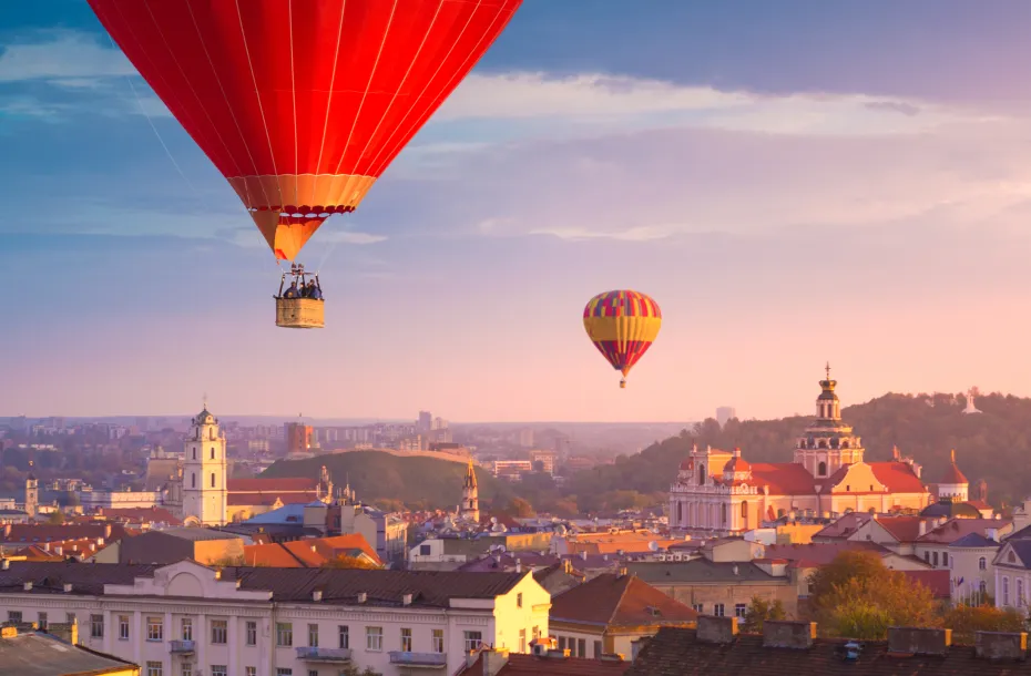 Aerial view of Vilnius and hot air balloons, Lithuania