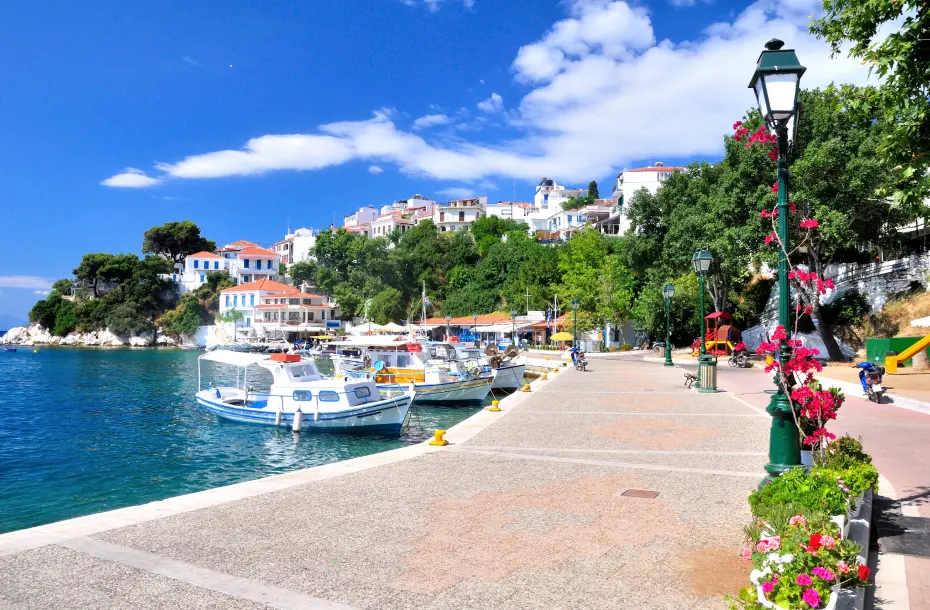 View of the old port of Skiathos and its scenic promenade