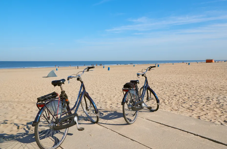 Bicycles at the beach, near the port of Hook of Holland where ferries arrive